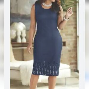 Ashro Navy Sleveless Sheath Dress with Rhinestones Details